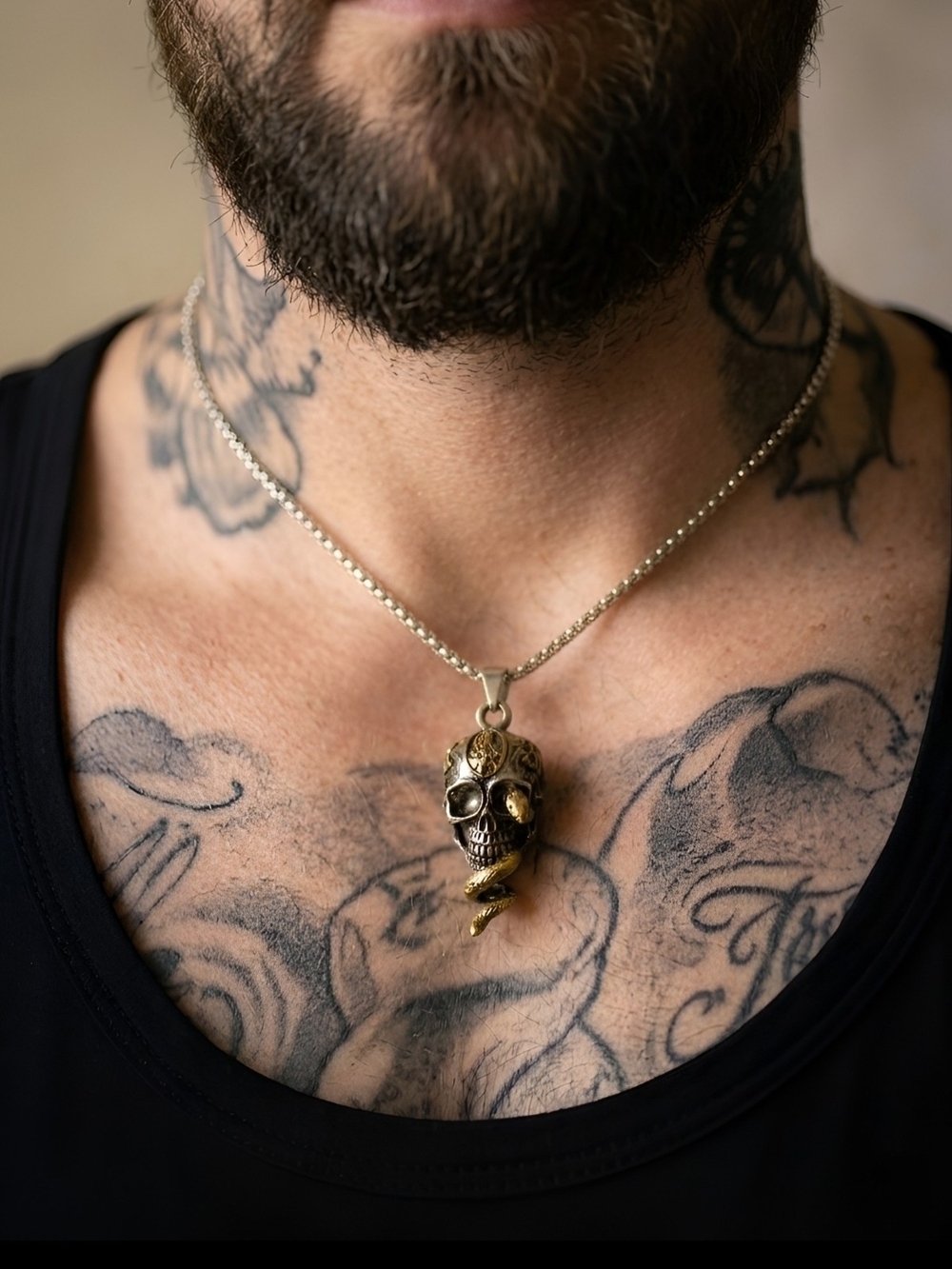 Skull and Snake mens chain necklace pendant necklace silver and gold tone